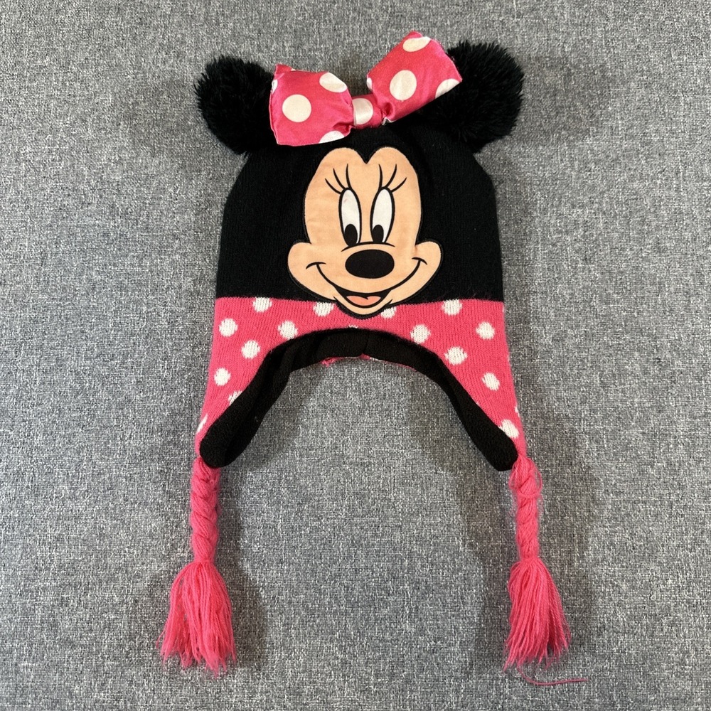 Disney Minnie Mouse Winter Hat Beanie OSFM Pink Black Ear Flap Youth Girls